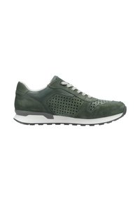 Grüne Leder-Sneaker mit perforiertem Design, grauen Schnürsenkeln und einer weißen Zwischensohle. Texturiertes Obermaterial und graue Gummisohle für besseren Halt.