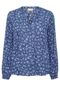 Blaue Bluse mit floralem Muster, V-Ausschnitt, langen Ärmeln, leichtem Stoff und einem filigranen Muster aus weißen Blumen.