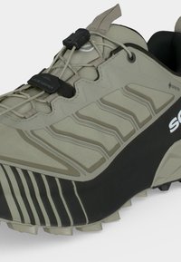 Gros plan d'une chaussure de randonnée beige et noire avec une semelle robuste, des lacets élastiques maintenus par un serre-lacets, et un marquage imperméable Gore-Tex.
