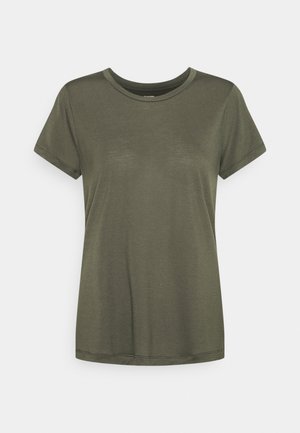 Olive green t-shirt made of soft fabric, featuring short sleeves and a round neckline. Simple design with minimal stitching details.