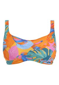 Kleurrijke bikini-top met een tropische bladenprint in tinten van oranje, blauw, groen en roze; gemaakt van glad, rekbaar materiaal.