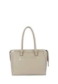 Sac à main en cuir beige avec deux poignées, une poche avant zippée et une texture lisse. Présente une forme rectangulaire épurée.