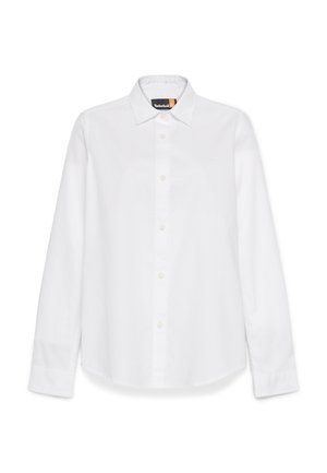 Weißes Langarmhemd aus weichem Baumwollstoff mit klassischem Kragen, Knopfleiste und dezentem Logo-Detail auf der linken Brust.