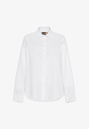 Weißes Langarmhemd aus weichem Baumwollstoff mit klassischem Kragen, Knopfleiste und dezentem Logo-Detail auf der linken Brust.