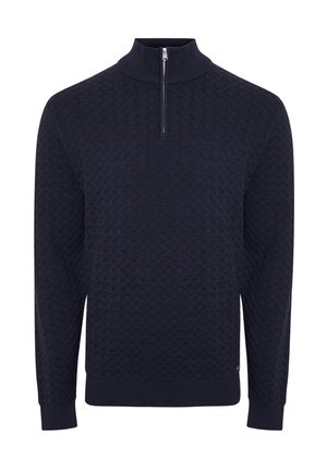 Marineblå struktureret strikpullover med kvart lynlås og høj krave, lange ærmer samt ribbede manchetter og kant.