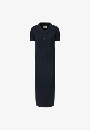Dzianinowa, granatowa sukienka polo z krótkimi rękawami, trzema guzikami, prążkowaną fakturą i długością do kostek.