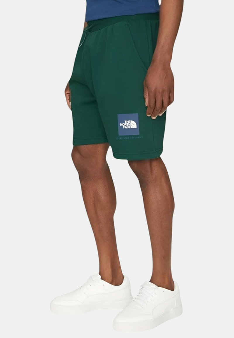 Pantalones cortos deportivos verdes con bolsillos laterales, cinturilla elástica y un parche de logo azul con texto blanco en la pierna izquierda.
