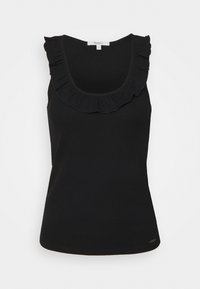 Svart ribbad tanktop med rund halsringning och volanger längs kanterna. Har en figurnära design och en liten logotypetikett vid fållen.