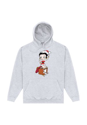 Szary hoodie z grafiką cartoonowego bohatera ubranego w świąteczny strój, trzymającego czerwono-żółty w paski prezent oraz małego psa.