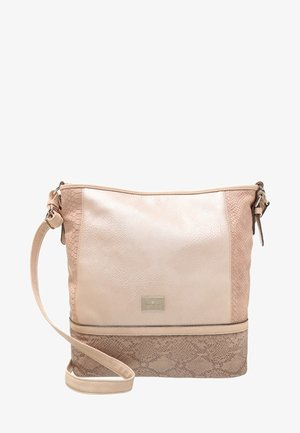 Beige crossbody taske med slangeprint detaljer, justerbar rem og rektangulært metal logo mærke foran.