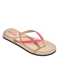 Beco Flip-Flop mit beigem Fußbett, pinken Gummiriemen, strukturiertem Oberflächen und schwarzer Laufsohle. Mit Logo der Marke auf dem Fußbett.