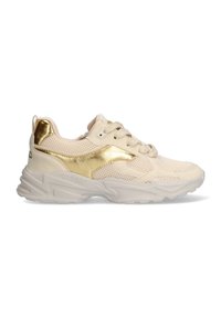 Hellbeige Sportschuh mit goldenen Akzenten, atmungsaktives Mesh-Obermaterial, gepolsterter Schaft und strukturierte Gummisohle. Mit Schnürsenkeln und Logodetails.