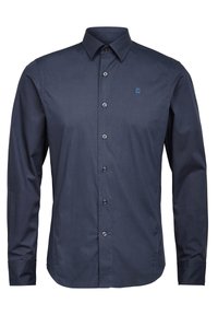 Camicia a maniche lunghe blu navy, con bottoni frontali, colletto classico, con due bottoni, tessuto morbido, texture sottile, piccolo logo sul petto.