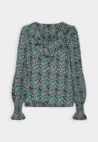 Blouse manches longues avec imprimé floral vert, rose et blanc, col à volants et poignets élastiques légèrement évasés.