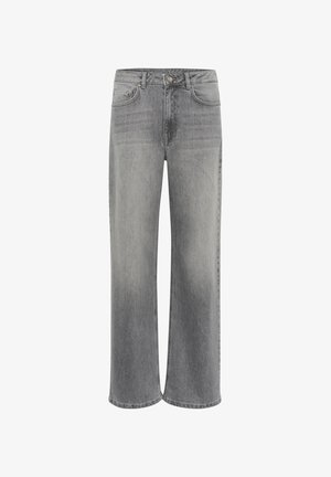Wide-leg jeans in grey denim, featuring a high waist, five pockets, a front button closure, and subtle fading on the fabric.