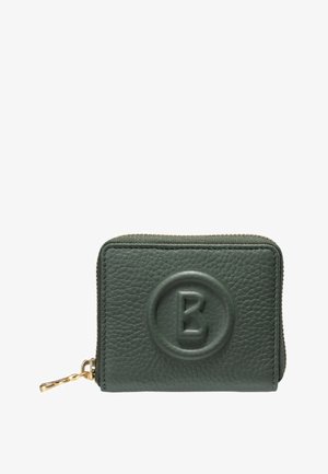 Donkergroene leren portemonnee met reliëf van een ronde logo met de letter B, en een gouden ritstrekker aan de linkerkant.