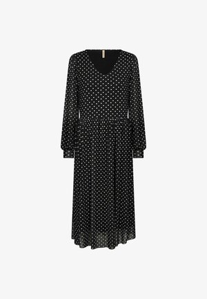 Must eksoorusega must kleit, millel on V-kaelus, valged täpid, gathered talje ja voolav siluett. Pehme ja kerge kangas.