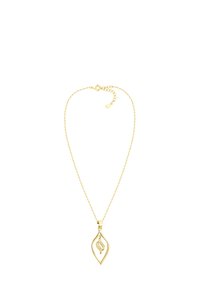 Guld halskæde med et bladformet vedhæng. Vedhænget har et bølget design og er prydet med små klare sten. Delikat kæde.
