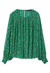 Blouse verte à manches longues en tissu léger avec un motif texturé. Élégante avec des plis et une fermeture au dos avec un petit trou.