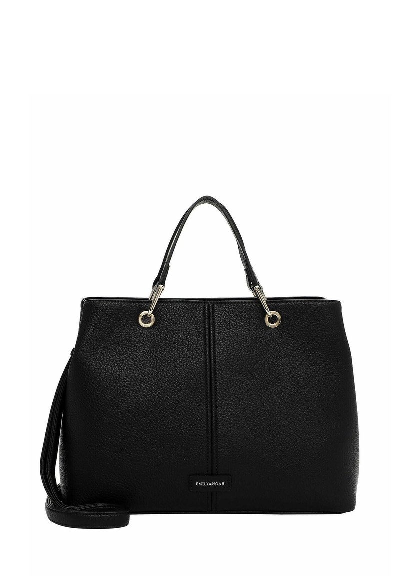 Borsa a mano in pelle nera con superficie texturizzata, due manici superiori, dettagli in metallo dorato e una patch del marchio al centro in basso.