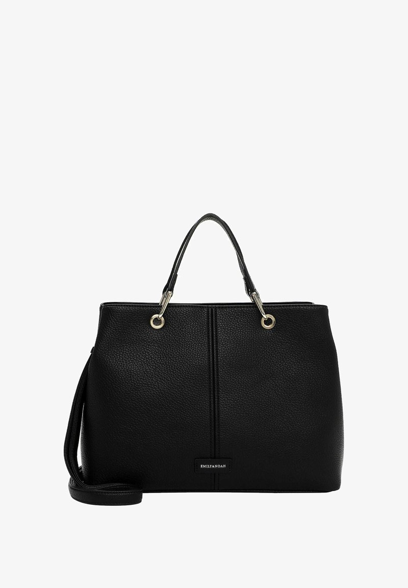 Zwarte leren handtas met een gestructureerd oppervlak, twee bovenhandles, gouden hardware accenten en een merkpatch in het midden onderaan.