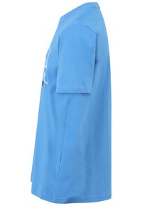 Lichtblauw katoenen t-shirt met korte mouwen en een ronde halslijn in een ontspannen pasvorm. Voorzien van een zwart grafisch ontwerp aan de voorkant.