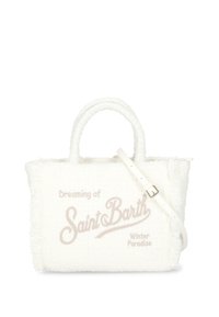 Sac fourre-tout blanc tissé avec des bords à franges, une texture douce et une sangle ajustable. Présente un texte brodé en rose : "Rêvant du Paradis d'hiver de Saint Barth".