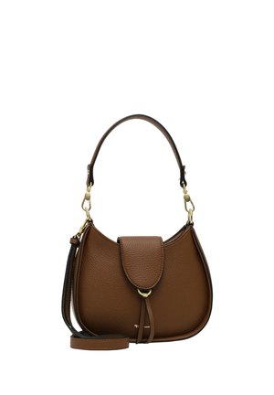 Braune, strukturierte Lederhandtasche mit goldenen Verschlüssen, einem oberen Griff, einer vorderen Klappe und einem zusätzlichen langen Schulterriemen.