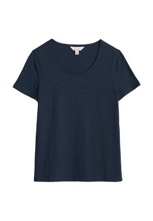 T-shirt à manches courtes bleu marine avec un col arrondi. Tissu doux et léger avec une texture lisse et une coupe décontractée.