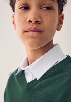 Jauns cilvēks ar īsiem cirtainiem matiem un vasaras raibumiem, valkā baltu kreklu ar apkakli zem zaļa džempera, skatiens pagriezts uz sāniem.