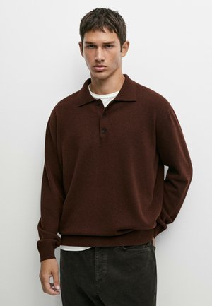 Jeune homme aux cheveux courts et foncés portant un pull polo marron à manches longues par-dessus une chemise blanche, debout devant un fond clair uni.