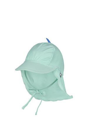 Hellgrüner Kinder-Sonnenhut mit Nackenschutz, verstellbaren Kinnbändern, gebogenem Visier und kleinem blauem Flossendetail oben.