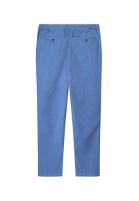 Pantaloni di cotone blu con taglio dritto, vita elastica e due tasche posteriori con chiusura a bottone. Tessuto liscio, senza motivi visibili.