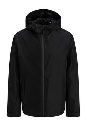 Schwarze Kapuzenjacke aus leichtem, wasserabweisendem Stoff. Verfügt über einen Reißverschluss vorne und verstellbare Manschetten. Glatte Textur, minimalistisches Design.