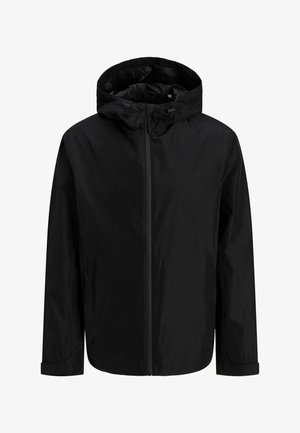 Schwarze Kapuzenjacke aus leichtem, wasserabweisendem Stoff. Verfügt über einen Reißverschluss vorne und verstellbare Manschetten. Glatte Textur, minimalistisches Design.