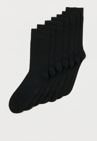 Black cotton socks in a pack of seven, featuring a ribbed cuff and smooth texture, designed for everyday wear.