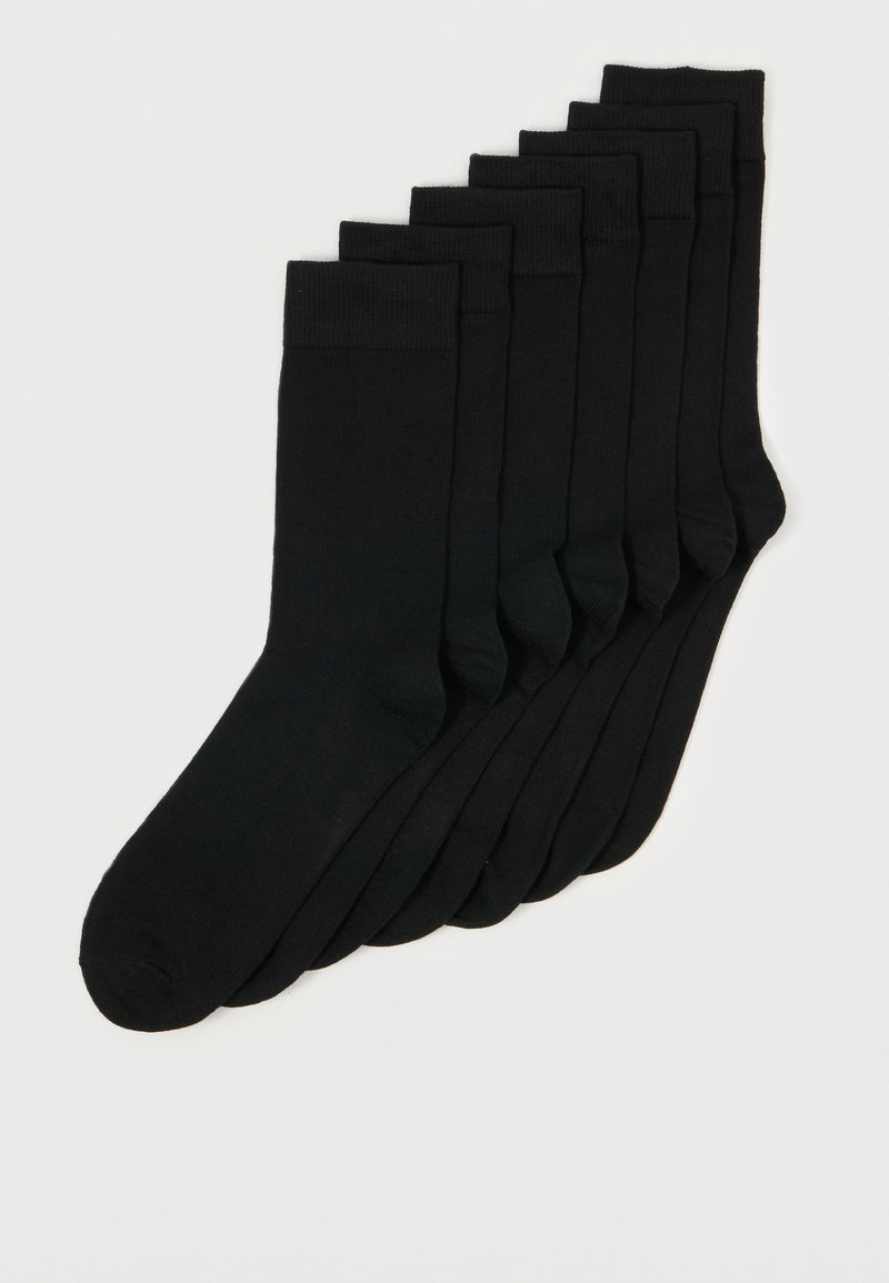 Black cotton socks in a pack of seven, featuring a ribbed cuff and smooth texture, designed for everyday wear.
