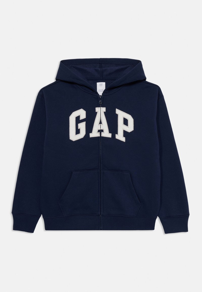 Tengeri kék cipzáras kapucnis pulóver, pamutból készült, elöl nagy fehér "GAP" logóval, kapucnival és két elülső zsebbel.