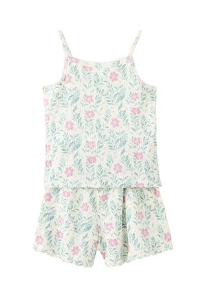 Lagani top bez rukava s cvjetnim uzorkom i kratke hlače s ružičastim cvijećem i zelenim lišćem na bijeloj pozadini.