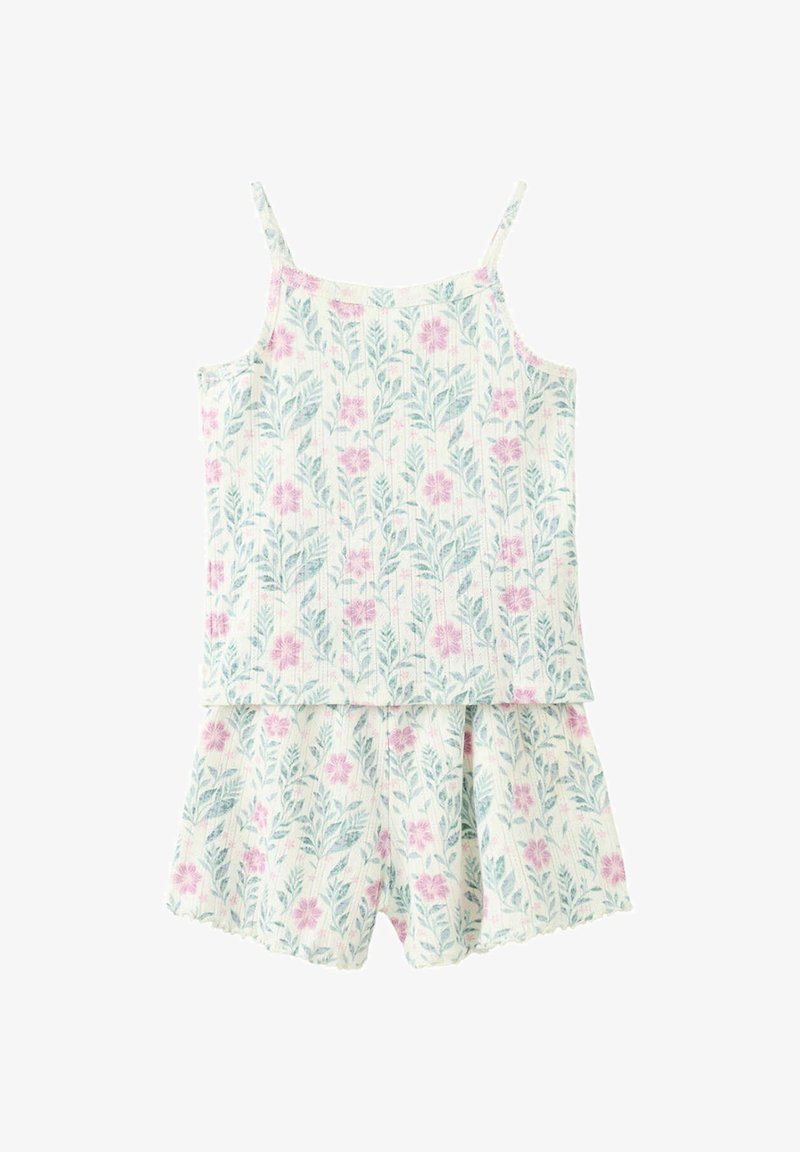 Ensemble léger composé d'un débardeur à motif floral et d'un short avec des fleurs roses et des feuilles vertes sur un fond blanc.
