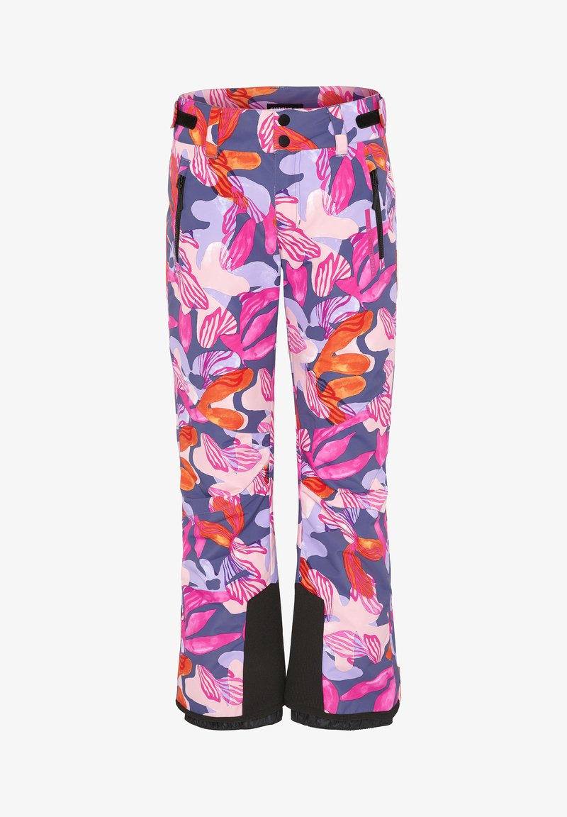 Skihosen mit einem bunten Blumenmuster in Pink, Orange und Lila, verziert mit schwarzen Akzenten und mit Reißverschlusstaschen, aus strapazierfähigem Material gefertigt.