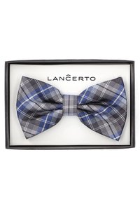 Krawat w kratę w czarnych, szarych i niebieskich odcieniach, z teksturowanej tkaniny o wyraźnym wzorze kraty, zaprezentowany w markowym pudełku.