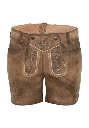 Braune Leder-Haferlschuhe im traditionellen bayerischen Stil mit bestickten Blumenmustern und dekorativen Metallknöpfen vorne und an den Seiten.