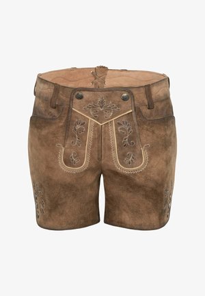 Braune Leder-Haferlschuhe im traditionellen bayerischen Stil mit bestickten Blumenmustern und dekorativen Metallknöpfen vorne und an den Seiten.