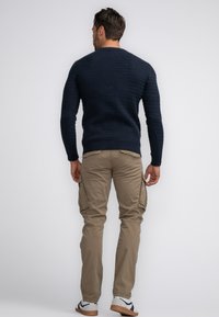 Pulover tricotat de culoare bleumarin, cu un model texturat, purtat cu pantaloni cargo bej, care au buzunare laterale și o croială lejeră, asortați cu adidași gri.