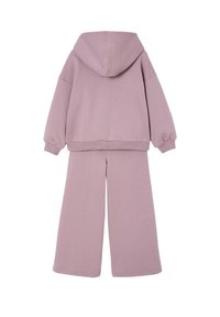 Light purple hoodie and wide-leg pants set. Features soft fabric, relaxed fit, ribbed cuffs, and a hood. Smooth texture with no patterns.