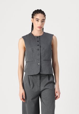Gray, sleeveless vest with a round neckline, front button closure, and two side pockets, crafted from a textured fabric.