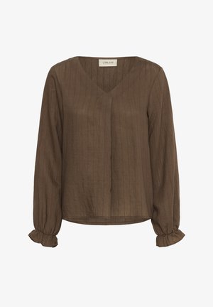 Ruskea pitkähiha blouse, jossa on hillityt pystysuorat raidat, V-muotoinen kaulus, piilotettu etupaneeli ja kerrostetut röyhelökaulukset ranteissa.