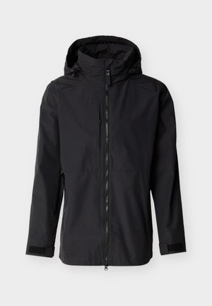 Μαύρο αδιάβροχο σακάκι με κουκούλα, εμπρόσθιο φερμουάρ, τσέπες στο στήθος και στα πλάγια με φερμουάρ, και ρυθμιζόμενες μανσέτες με Velcro.