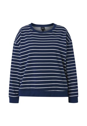 Granatowa koszula z długim rękawem z białymi poziomymi paskami i okrągłym dekoltem, wyposażona w ściągacze na mankietach i dole.